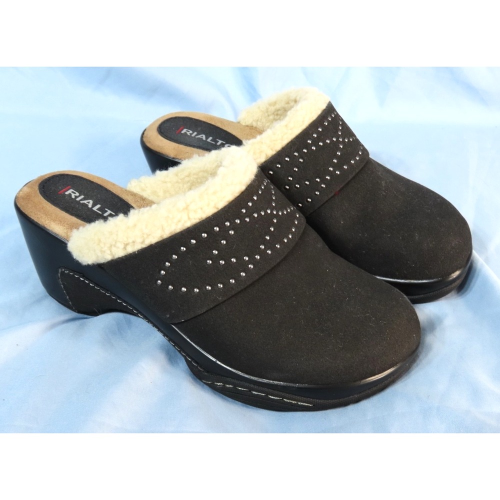 RIALTO Charcoal Black CLOGS MULES SHOES Mid-Heel STUDDED Sherpa Fur Liner 5.5